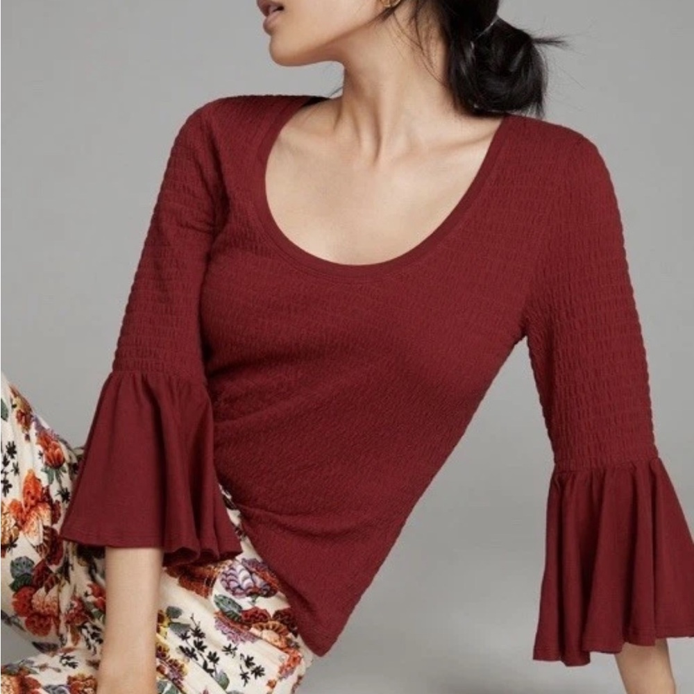 Anthropologie Textured Red Blouse with Bell Sleeves
